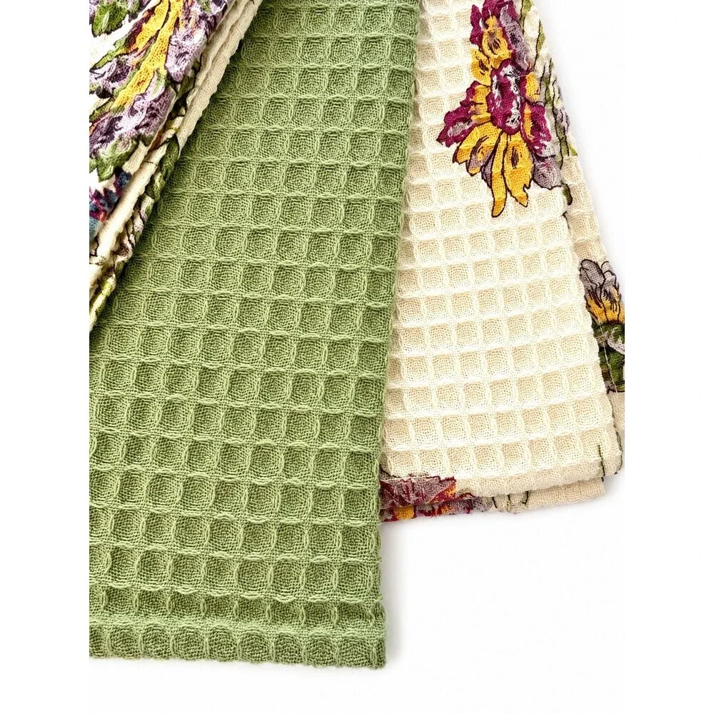 April Cornell Wildflowers Dish Towels Set of 3 Beige Green Floral Waffle Weave